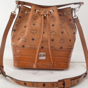 MCM Cognac Visetos Leather Drawstring Shoulder Bag